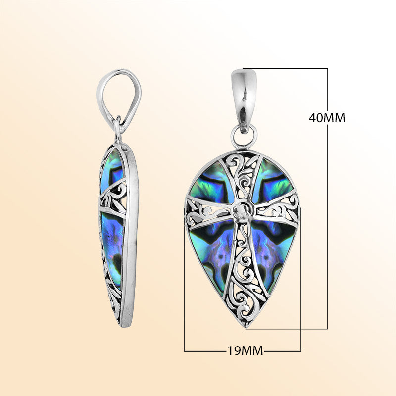Sterling silver teardrop cross pendant with shimmering Abalone Shell – handcrafted Bali jewelry, a meaningful gift