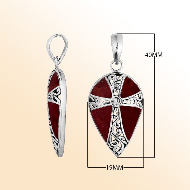 Sterling silver teardrop cross pendant with vibrant red coral inlay – handcrafted Bali jewelry, a meaningful gift