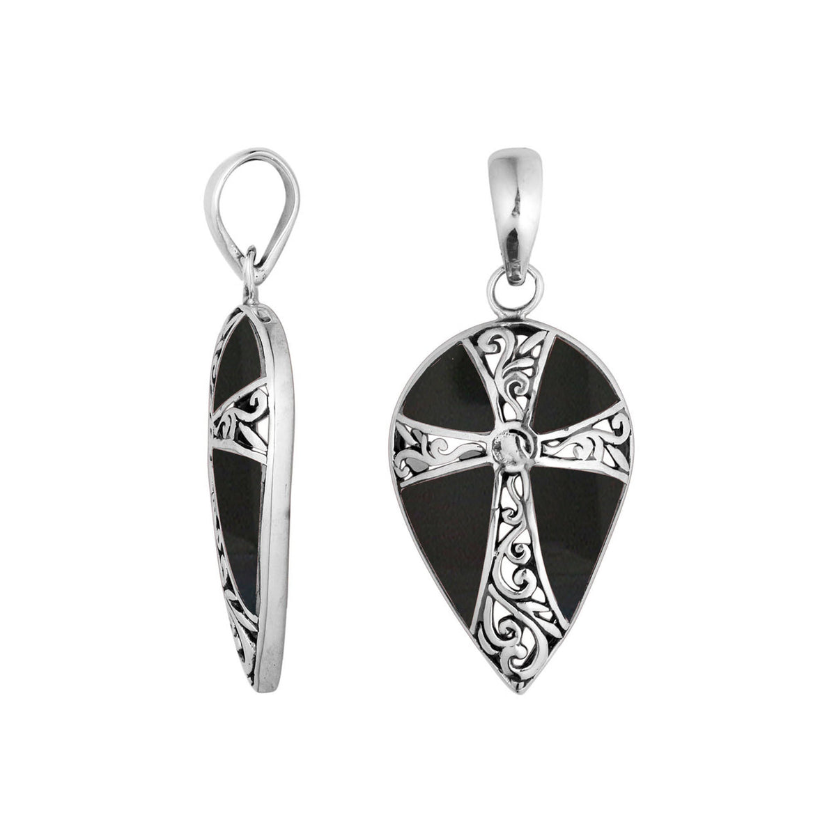 Sterling silver teardrop pendant with cross design and glossy black shell inlay – handcrafted Bali jewelry, a meaningful gift