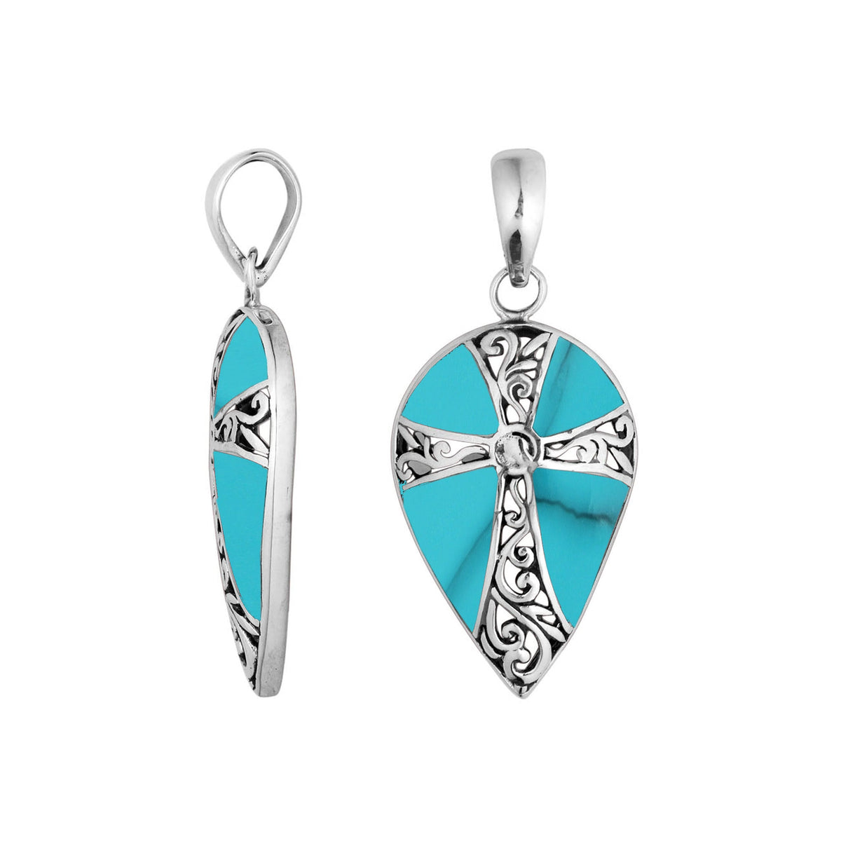Sterling silver teardrop pendant with turquoise shell inlay and cross design – handcrafted Bali jewelry, a meaningful gift