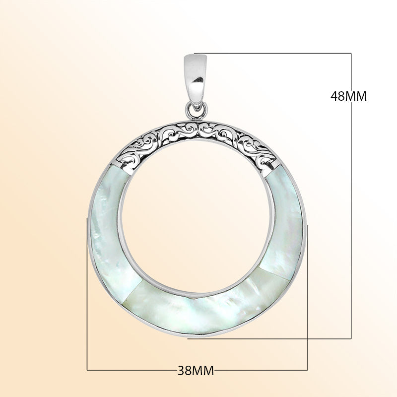 Round mother of pearl pendant in sterling silver with open circle design and ornate detailing, handcrafted artisan jewelry