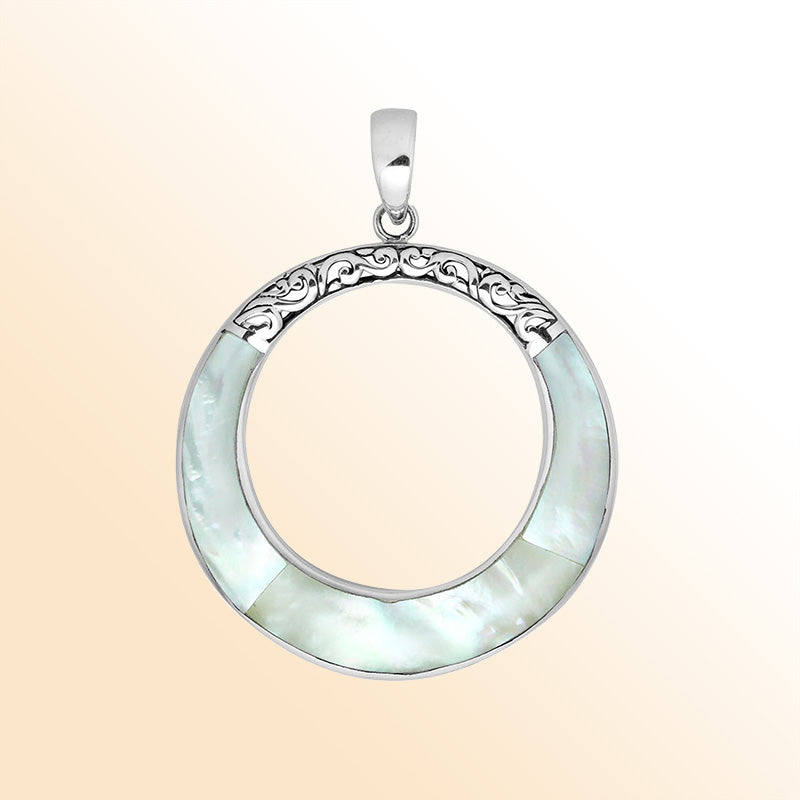 Round mother of pearl pendant in sterling silver with open circle design and ornate detailing, handcrafted artisan jewelry