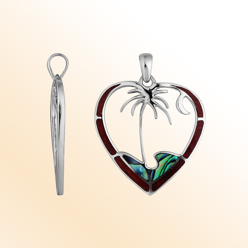 Sterling silver heart pendant with palm tree and crescent moon, featuring abalone and red shell inlay, handcrafted in Bali.