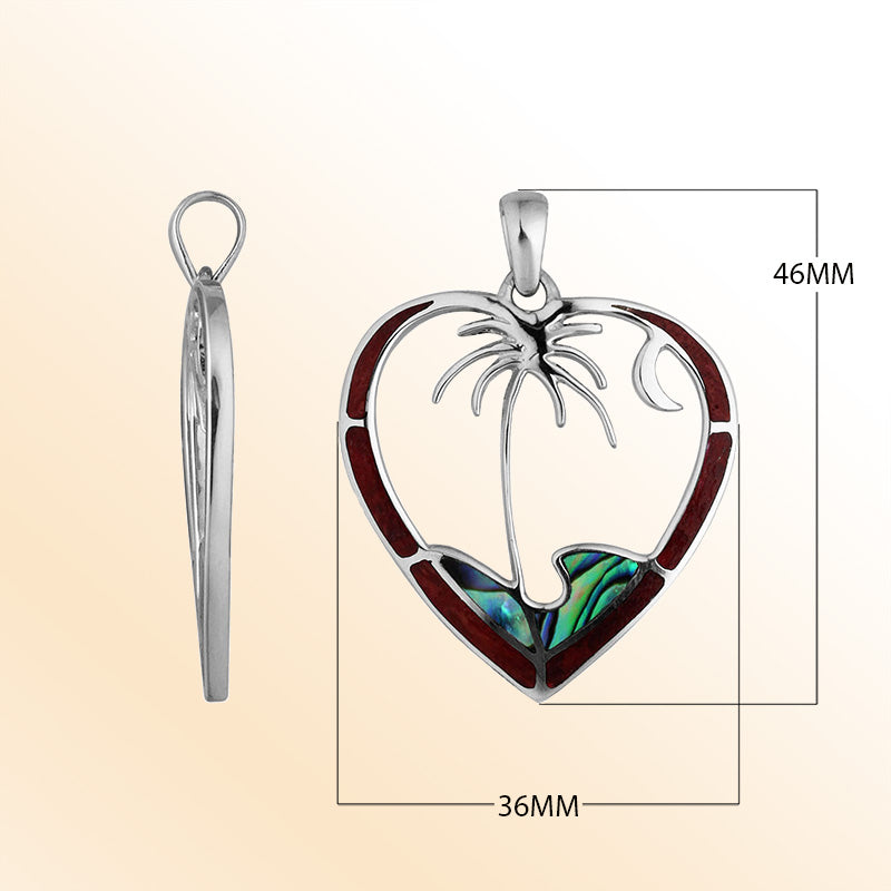 Sterling silver heart pendant with palm tree and crescent moon, featuring abalone and red shell inlay, handcrafted in Bali.