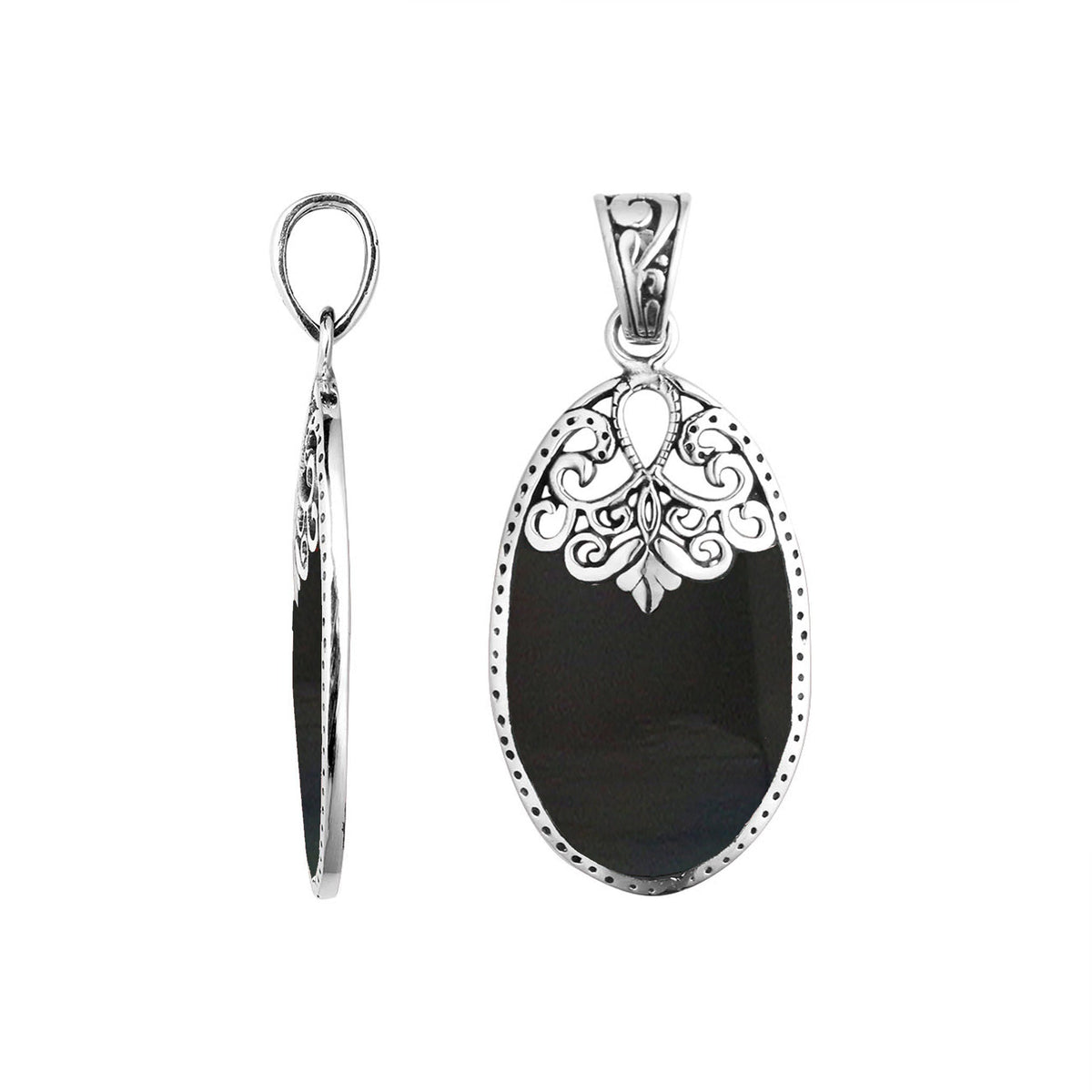 Sterling silver oval pendant with black shell inlay and delicate Balinese filigree design, handcrafted in Bali. 