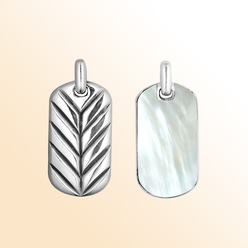 Sterling silver rectangular pendant with shimmering mother of pearl inlay and chevron design, handcrafted Bali artisan jewelry for modern everyday style.