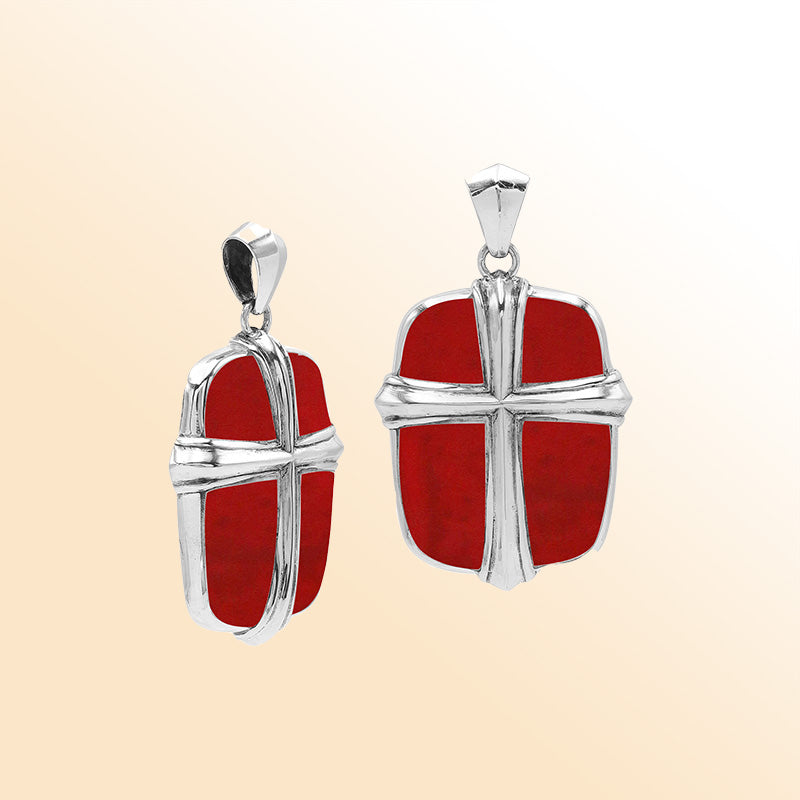 Sterling silver cross pendant with vibrant red coral inlay, handcrafted Bali jewelry with bold and elegant design.