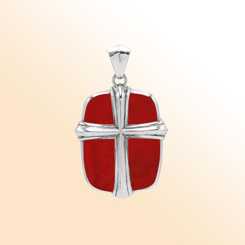 Sterling silver cross pendant with vibrant red coral inlay, handcrafted Bali jewelry with bold and elegant design.