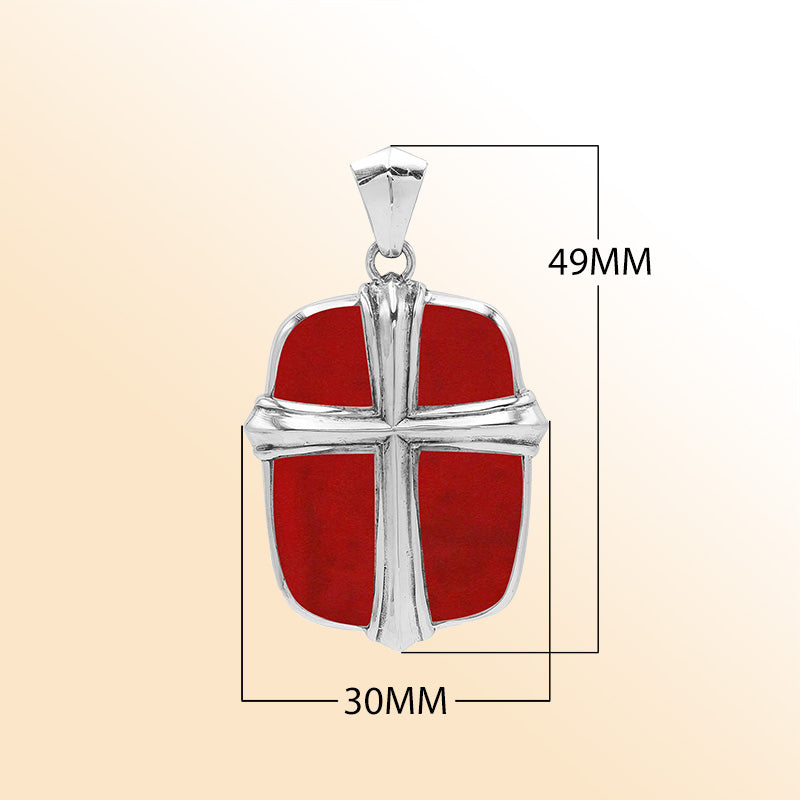 Sterling silver cross pendant with vibrant red coral inlay, handcrafted Bali jewelry with bold and elegant design.