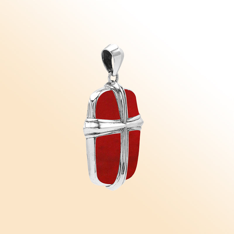 Sterling silver cross pendant with vibrant red coral inlay, handcrafted Bali jewelry with bold and elegant design.