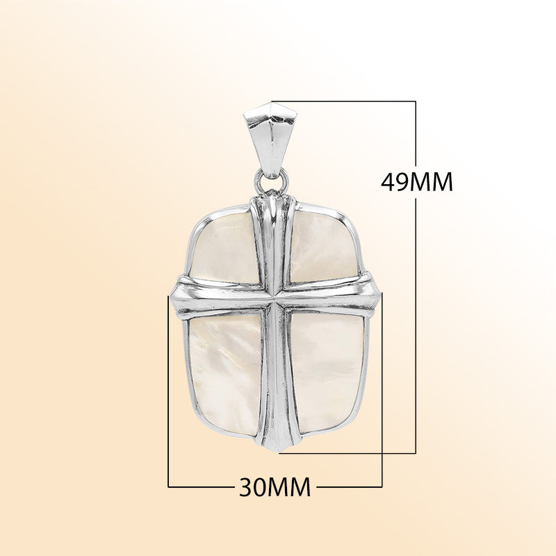 Sterling silver cross pendant with luminous mother of pearl shell inlay, handcrafted Bali jewelry with elegant natural shine.