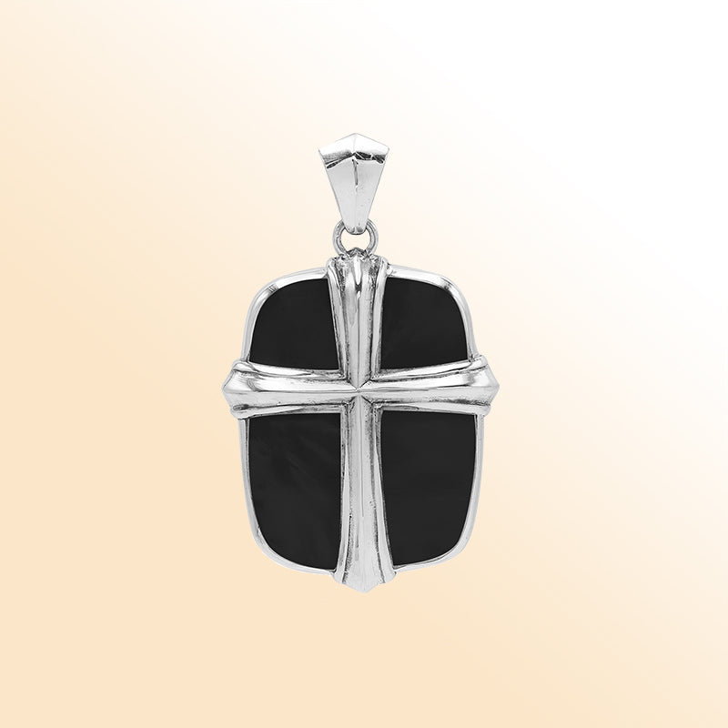 Handcrafted sterling silver cross pendant with glossy black shell inlay, elegant Bali artisan jewelry for everyday wear.