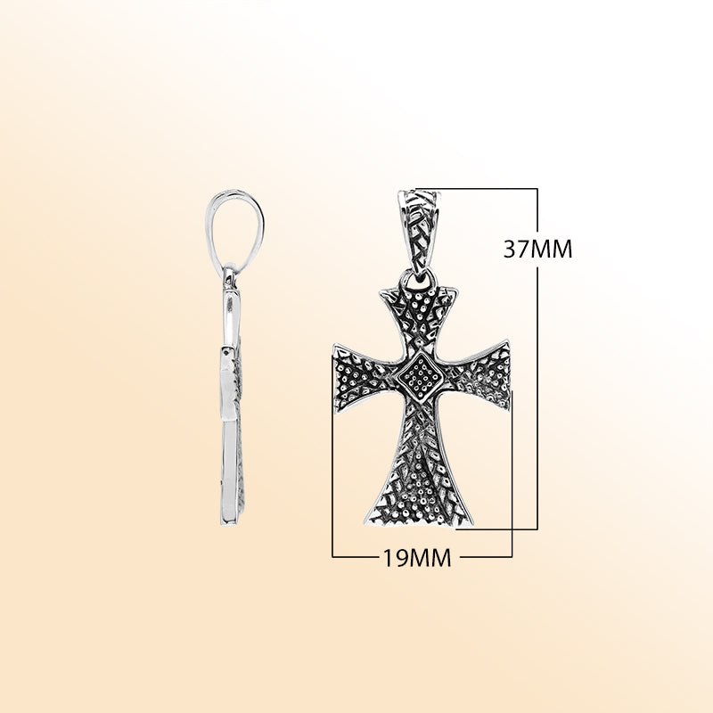 Sterling silver cross pendant with intricate textured detailing and oxidized accents, handcrafted Bali artisan jewelry for spiritual everyday wear.