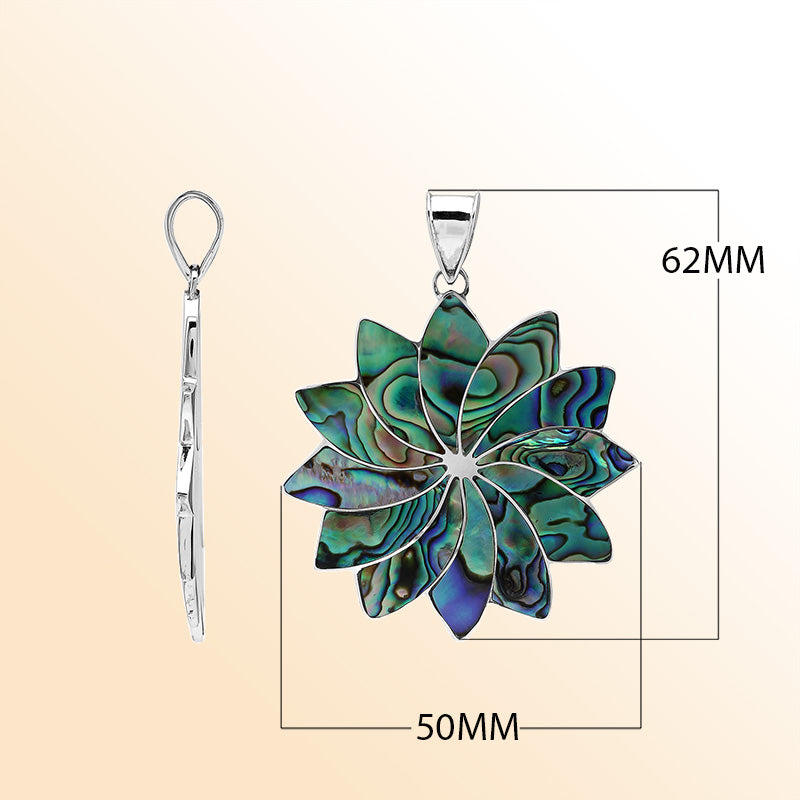 Handmade sterling silver flower pendant with vibrant Abalone Shell petals, artisan Bali jewelry for unisex.