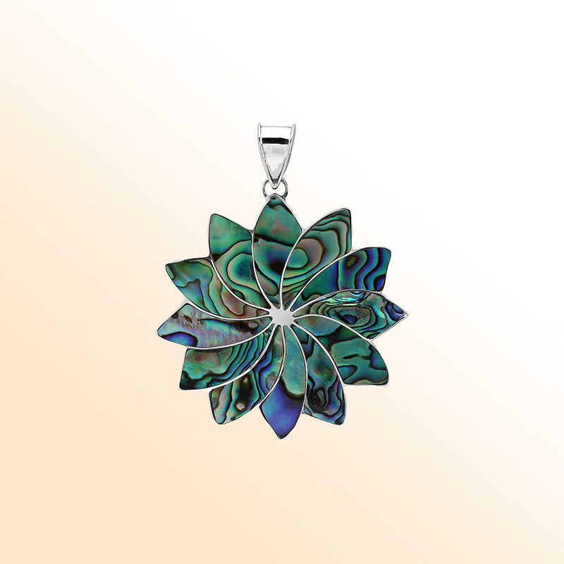 Handmade sterling silver flower pendant with vibrant Abalone Shell petals, artisan Bali jewelry for unisex.