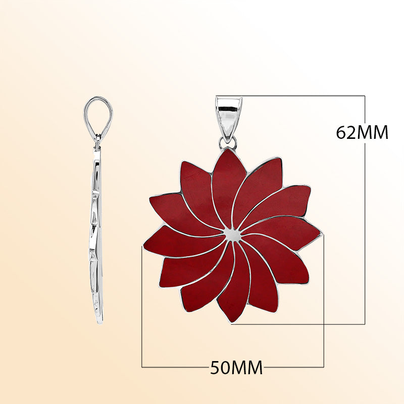 Handmade sterling silver flower pendant with vibrant red coral petals, artisan Bali jewelry for unisex.