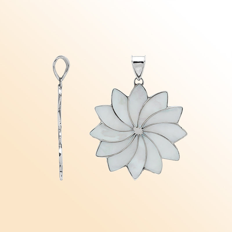 Handmade sterling silver flower pendant with luminous Mother of Pearl petals, elegant artisan Bali jewelry for unisex.