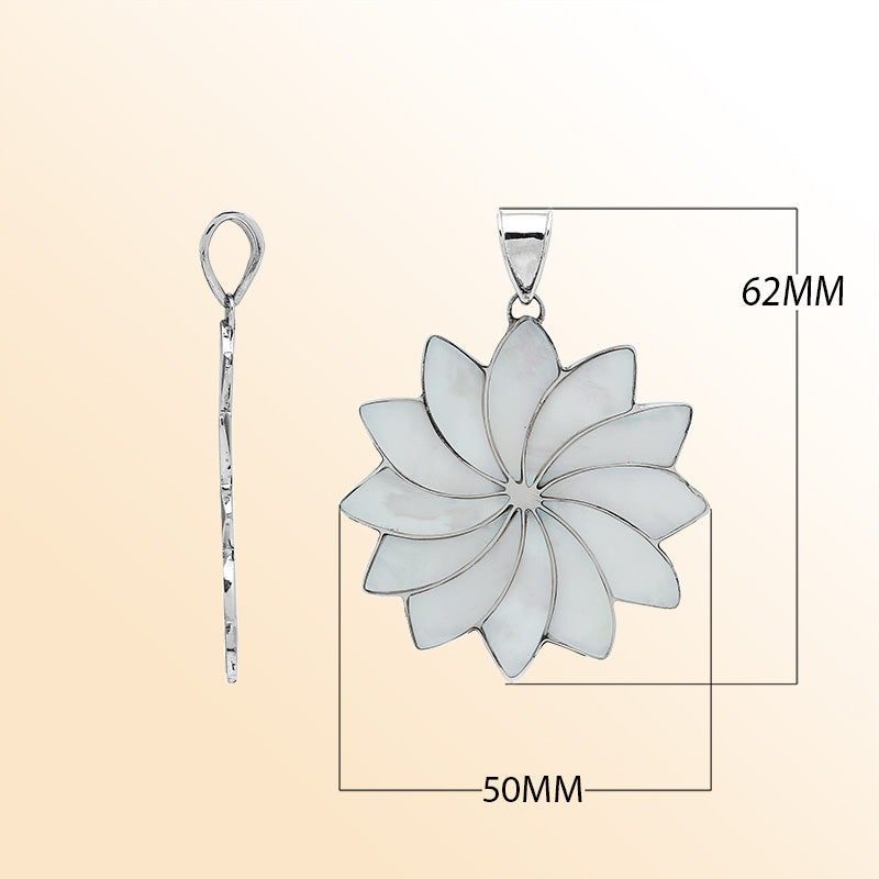 Handmade sterling silver flower pendant with luminous Mother of Pearl petals, elegant artisan Bali jewelry for unisex.