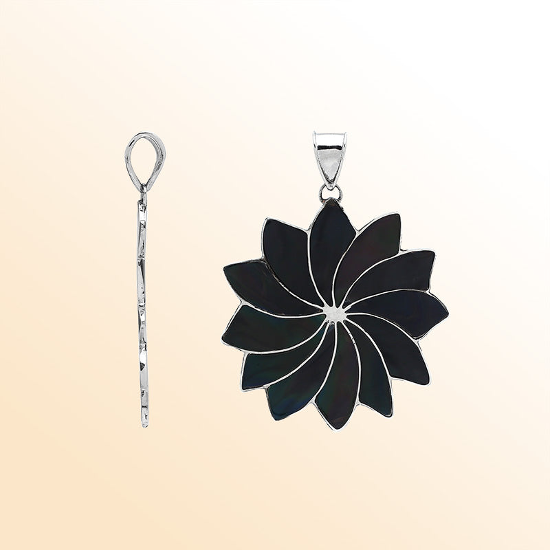 Handmade sterling silver flower pendant with shimmering black shell petals, elegant artisan Bali jewelry for unisex.