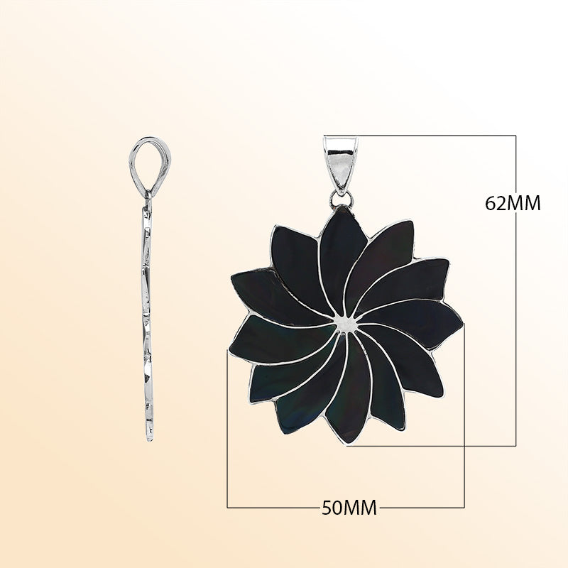 Handmade sterling silver flower pendant with shimmering black shell petals, elegant artisan Bali jewelry for unisex.
