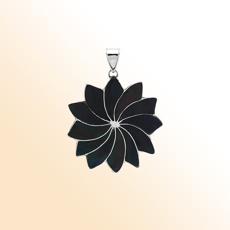 Handmade sterling silver flower pendant with shimmering black shell petals, elegant artisan Bali jewelry for unisex.
