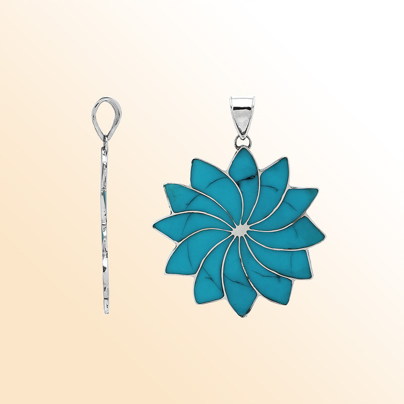 Handmade sterling silver flower pendant with vibrant turquoise petals, elegant artisan Bali jewelry for unisex.