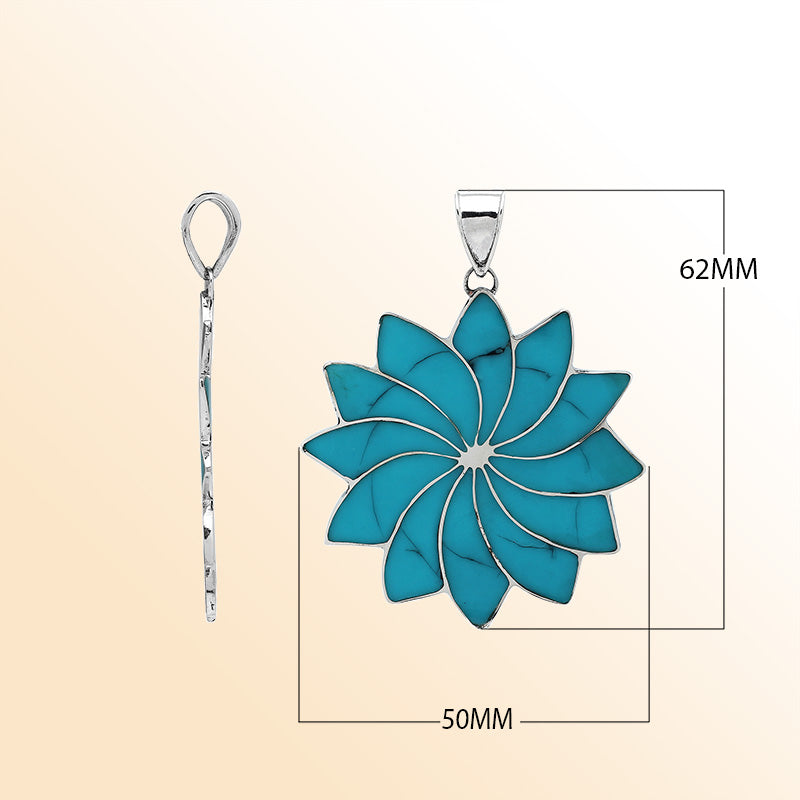 Handmade sterling silver flower pendant with vibrant turquoise petals, elegant artisan Bali jewelry for unisex.