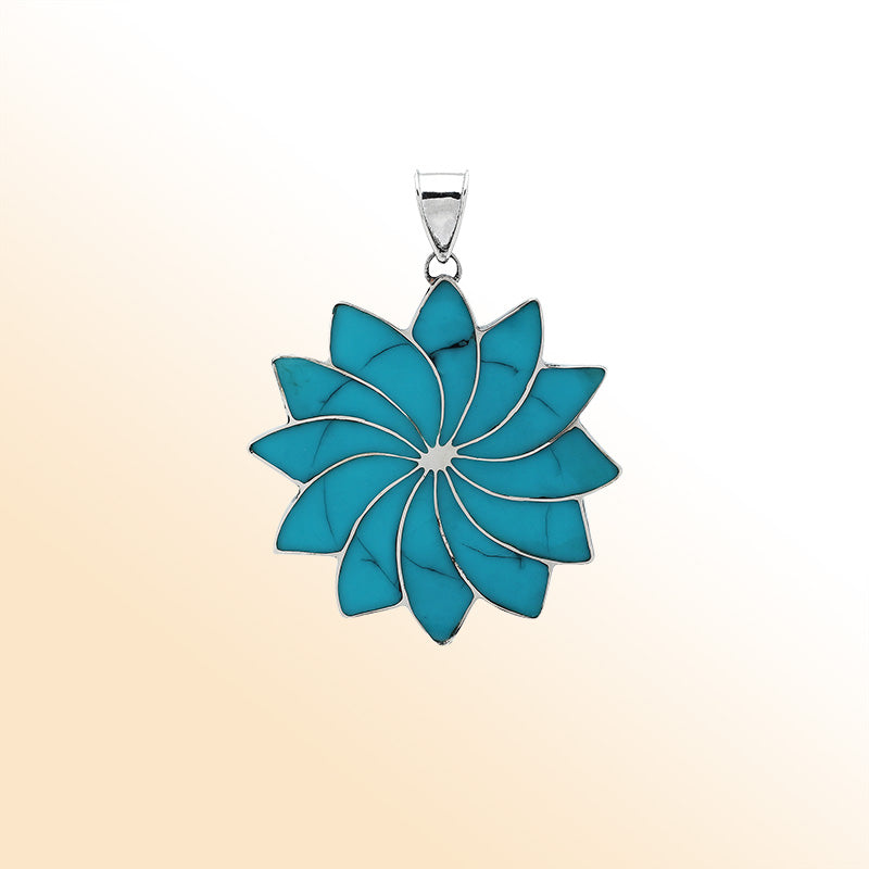 Handmade sterling silver flower pendant with vibrant turquoise petals, elegant artisan Bali jewelry for unisex.