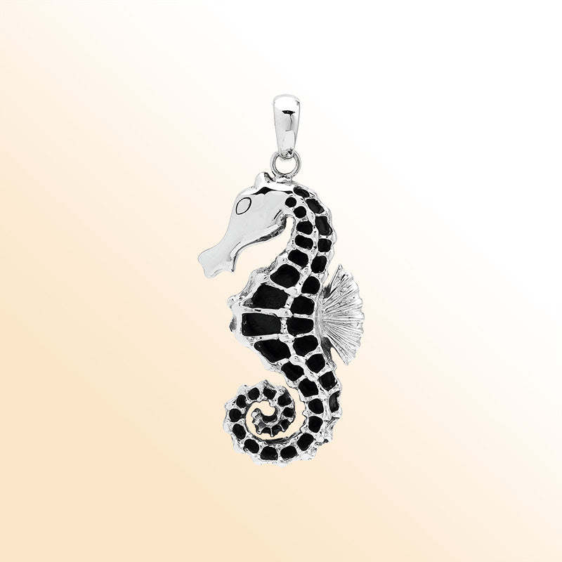 Sterling silver ocean-inspired seahorse pendant with black enamel inlay – handcrafted Bali jewelry
