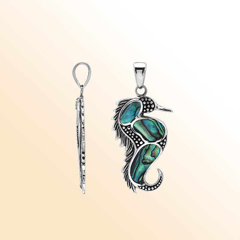 Sterling silver seahorse pendant with natural abalone shell, handcrafted in Bali – elegant ocean-inspired jewelry for everyday wear