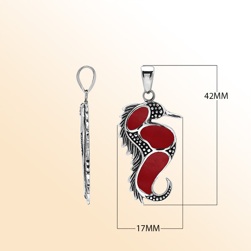 Sterling silver seahorse pendant with genuine red coral inlay, handcrafted in Bali – elegant ocean-inspired jewelry for everyday wear or gifting.