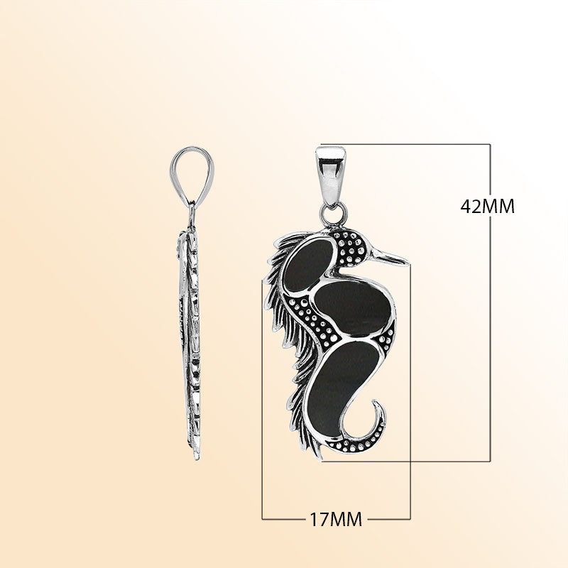 Sterling silver seahorse pendant with black shell inlay, handcrafted Bali jewelry inspired by the ocean.