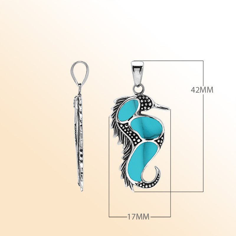 Sterling silver seahorse pendant with turquoise shell inlay, handcrafted Bali jewelry inspired by the ocean.