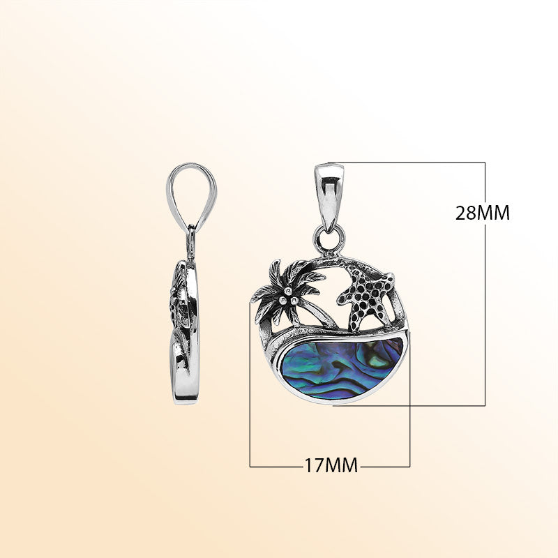 Sterling silver tropical pendant with palm tree and starfish design, abalone shell inlay, handcrafted Bali jewelry