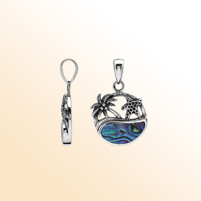 Sterling silver tropical pendant with palm tree and starfish design, abalone shell inlay, handcrafted Bali jewelry