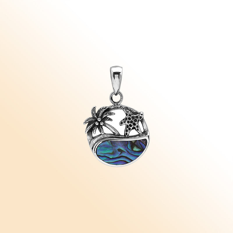 Sterling silver tropical pendant with palm tree and starfish design, abalone shell inlay, handcrafted Bali jewelry