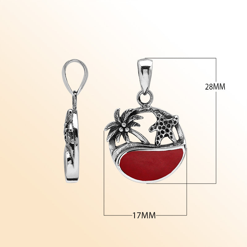 Red coral sterling silver pendant with palm tree and starfish – beach inspired handcrafted Bali jewelry.