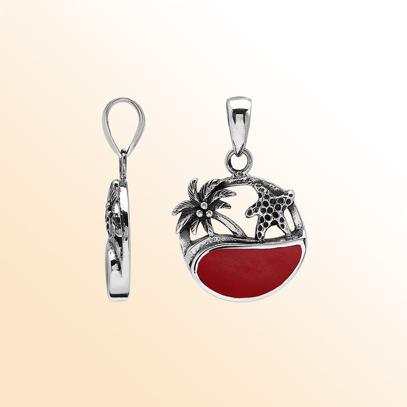 Red coral sterling silver pendant with palm tree and starfish – beach inspired handcrafted Bali jewelry.