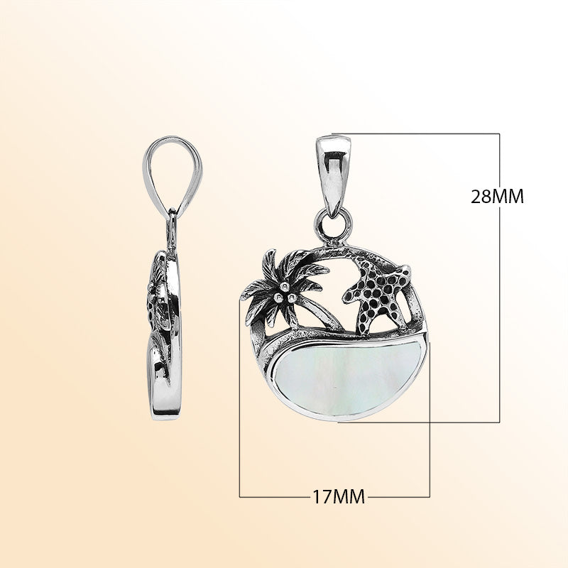 Mother of Pearl sterling silver pendant with palm tree and starfish – tropical handcrafted Bali jewelry.