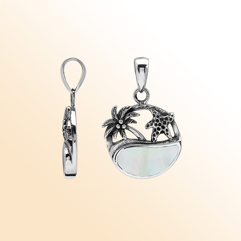 Mother of Pearl sterling silver pendant with palm tree and starfish – tropical handcrafted Bali jewelry.