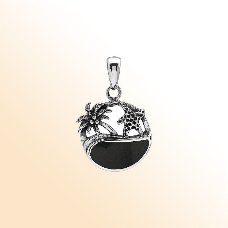 Black shell sterling silver pendant with palm tree and starfish – tropical handcrafted Bali jewelry.