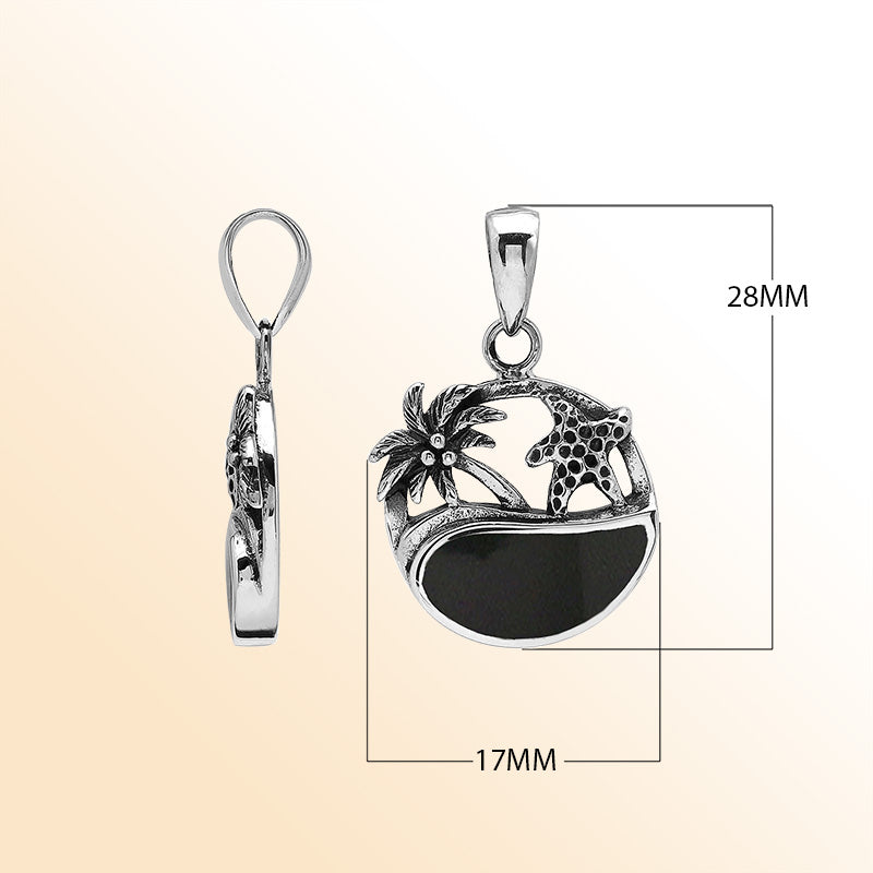 Black shell sterling silver pendant with palm tree and starfish – tropical handcrafted Bali jewelry.