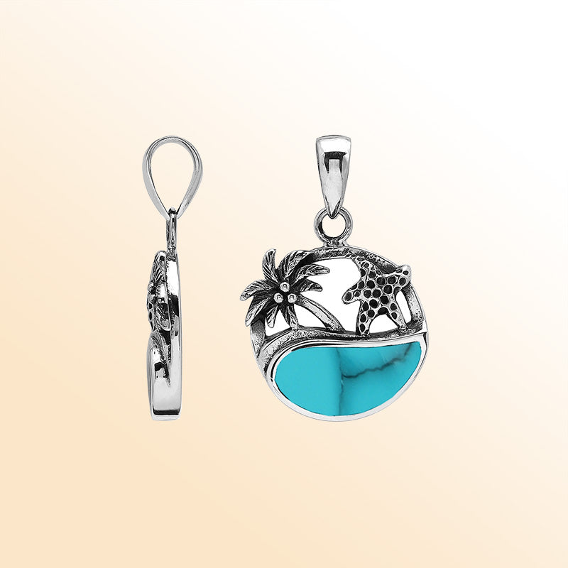 Turquoise shell sterling silver pendant with palm tree and starfish – tropical handcrafted Bali jewelry.