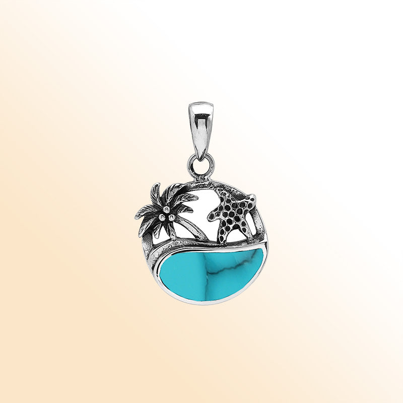 Turquoise shell sterling silver pendant with palm tree and starfish – tropical handcrafted Bali jewelry.