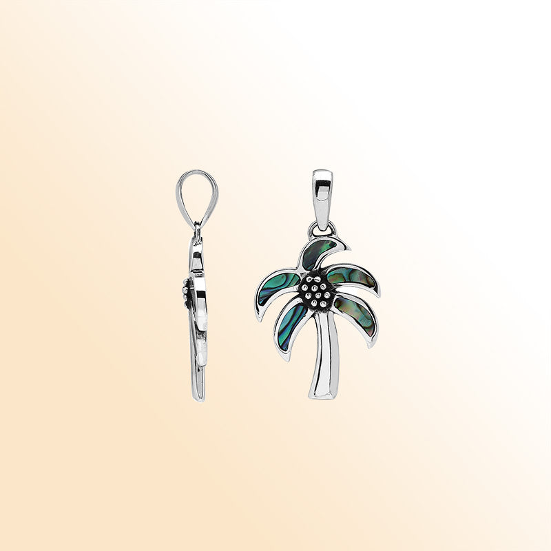 Tropical palm tree pendant in sterling silver with abalone shell, handmade in Bali.