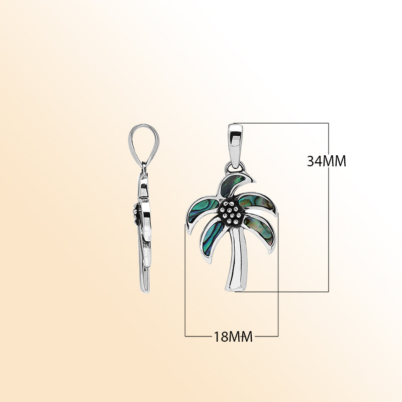 Tropical palm tree pendant in sterling silver with abalone shell, handmade in Bali.
