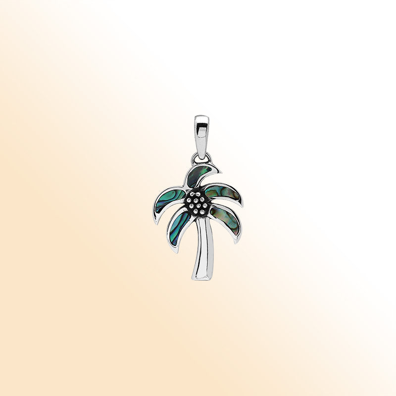 Tropical palm tree pendant in sterling silver with abalone shell, handmade in Bali.