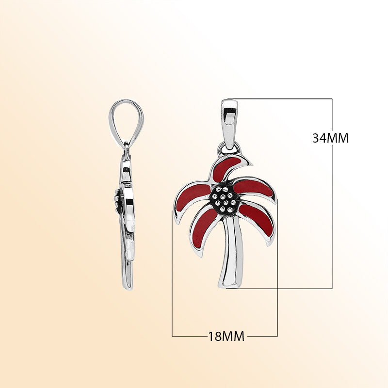 Tropical palm tree pendant in sterling silver with red coral inlay, artisan-crafted for casual beach jewelry style.