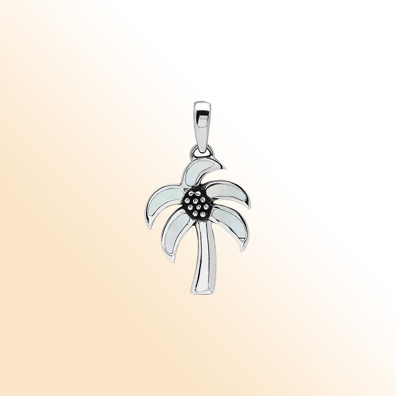 Tropical palm tree pendant in sterling silver with luminous Mother of Pearl inlay, artisan-crafted for beach-inspired style.