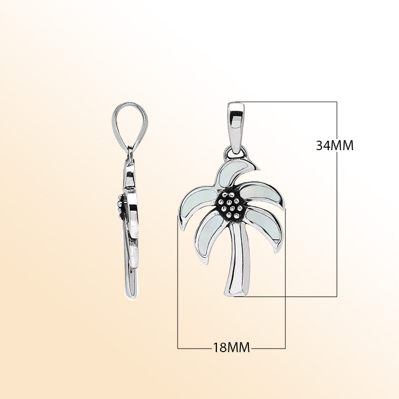 Tropical palm tree pendant in sterling silver with luminous Mother of Pearl inlay, artisan-crafted for beach-inspired style.
